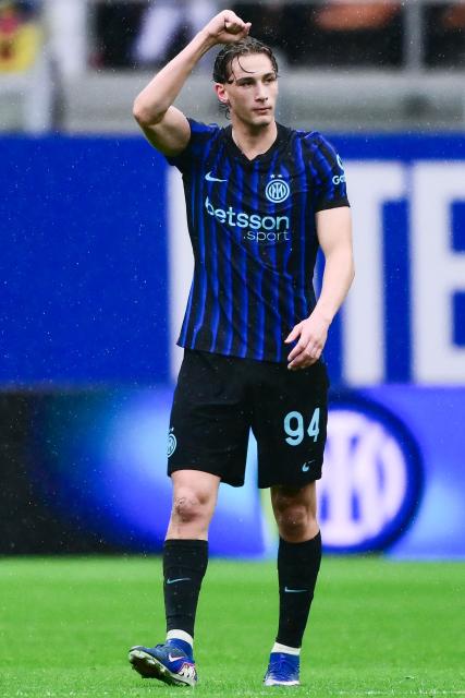 Inter Milan’s Italian forward #94 Francesco Pio Esposito celebrates scoring his team's first goal during the Italian Serie A football match between Inter Milan and Atalanta at the San Siro stadium in Milan  on March 14, 2026. (Photo by MARCO BERTORELLO / AFP)