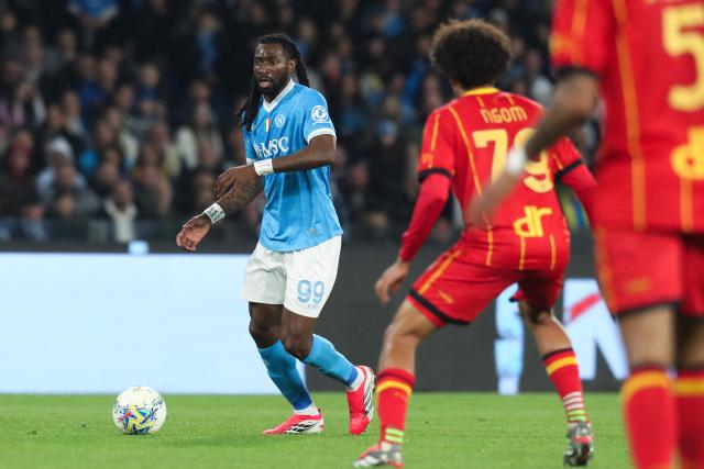 Napoli's Camerunese midfielder #99 Andre-Frank Anguissa controls the ball during the Italian Serie A football match between Napoli and Lecce at the Diego Armando Maradona stadium in Naples, southern Italy, on March 14, 2026. (Photo by CARLO HERMANN / AFP)
