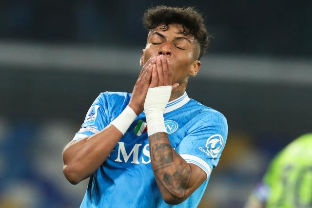 Napoli's Brazilian forward #27 Allison Santos reacts after missing a goal during the Italian Serie A football match between Napoli and Lecce at the Diego Armando Maradona stadium in Naples, southern Italy, on March 14, 2026. (Photo by CARLO HERMANN / AFP)