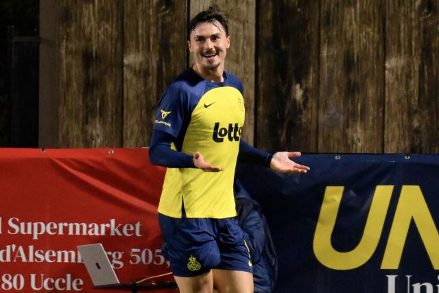 Union's Mateo Biondic celebrates after scoring during the Belgian Pro League football match between Royale Union Saint-Gilloise and FCV Dender at the Joseph-Marien Stadium in Brussels on March 14, 2026. (Photo by JOHN THYS / Belga / AFP) / Belgium OUT