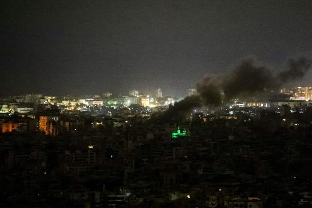 Smoke rises from the site of an Israeli airstrike that targeted an area in Beirut’s southern suburbs on March 14, 2026. UN Secretary General Antonio Guterres called on Israel and Hezbollah to "stop the war" at the start of a visit to Beirut, saying it was "no longer the time of armed groups". The UN will launch an urgent humanitarian fundraiser on March 13, to assist the more than 800,000 people registered as displaced in Lebanon. (Photo by AFP) / 