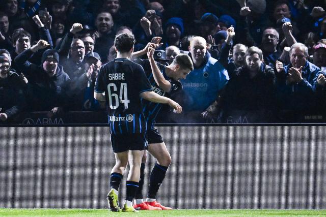 Club Brugge's Italian forward #07 Nicolo Tresoldi celebrates scoring his team's second goal during the Belgian Pro League football match between KVC Westerlo and Club Brugge at the Het Kuipje stadium in Westerlo on March 14, 2026. (Photo by Tom Goyvaerts / Belga / AFP) / Belgium OUT