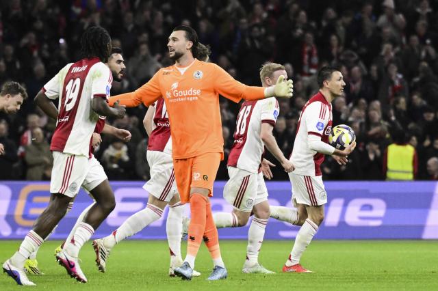 Sparta Rotterdam goalkeeper Joel Drommel reacts after the 1-0 during the Dutch Eredivisie match between AFC Ajax and Sparta Rotterdam at the Johan Cruijff Arena  in Amsterdam, the Netherlands on March 14, 2026. (Photo by Olaf Kraak / ANP / AFP) / Netherlands OUT