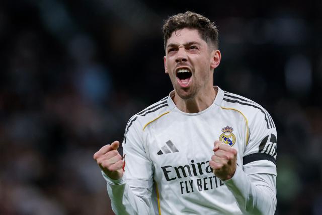 Real Madrid's Uruguayan midfielder #08 Federico Valverde celebrates scoring his team's second goal during the Spanish league football match between Real Madrid CF and Elche CF at the Santiago Bernabeu Stadium in Madrid on March 14, 2026. (Photo by Oscar DEL POZO / AFP)