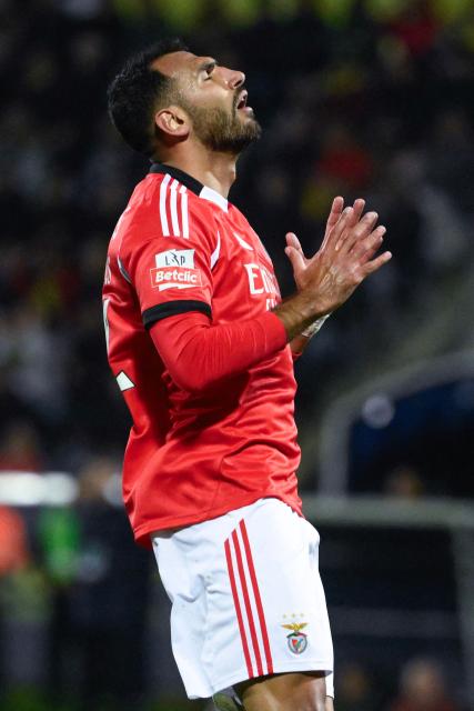 SL Benfica's Greek forward #14 Vangelis Pavlidis reacts after missing a chance to score during the Portuguese League football match between FC Arouca and SL Benfica at Municipal de Arouca stadium in Aveiro on March 14, 2026. (Photo by Miguel RIOPA / AFP)