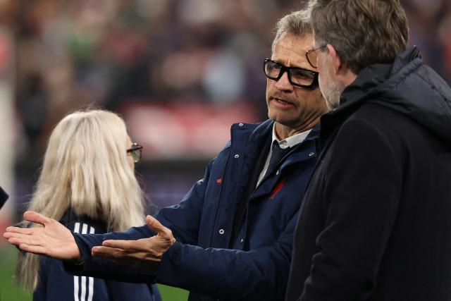 France's head coach Fabien Galthie reacts after winning the Six Nations international rugby union match between France and England at the Stade de France, in Saint-Denis, north of Paris, on March 14, 2026. (Photo by FRANCK FIFE / AFP)