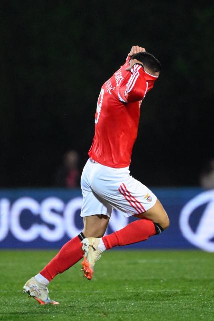 during the Portuguese League football match between FC Arouca and SL Benfica at Municipal de Arouca stadium in Aveiro on March 14, 2026. (Photo by Miguel RIOPA / AFP)
