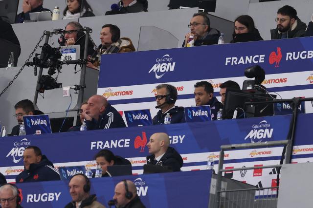 France's head coach Fabien Galthié (C) looks on from the stands during of the Six Nations international rugby union match between France and England at the Stade de France, in Saint-Denis, north of Paris, on March 14, 2026. (Photo by FRANCK FIFE / AFP)