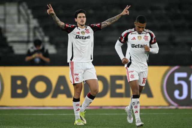 Flamengo's forward #09 Pedro celebrates scoring his team's third goal during the Brazilian Championship Serie A football match between Botafogo and Flamengo at the Nilton Santos Stadium in Rio de Janeiro, Brazil on March 14, 2026. (Photo by MAURO PIMENTEL / AFP)