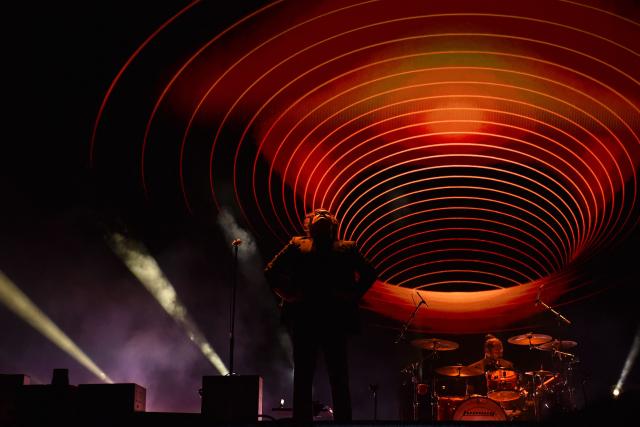 Singer Luis Humberto Navejas from Mexican band Enjambre performs on stage during the Vive Latino Music Festival at the Hermanos Rodriguez racetrack in Mexico City on March 14, 2026. (Photo by Rodrigo Oropeza / AFP)