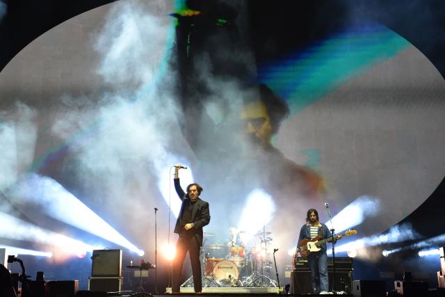 Mexican band Enjambre perform on stage during the Vive Latino Music Festival at the Hermanos Rodriguez racetrack in Mexico City on March 14, 2026. (Photo by Rodrigo Oropeza / AFP)