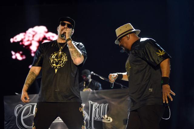US rappers B-Real (L) and Sen Dog of the group Cypress Hill perform on stage during the Vive Latino Music Festival at the Hermanos Rodriguez racetrack in Mexico City on March 14, 2026. (Photo by Rodrigo Oropeza / AFP)