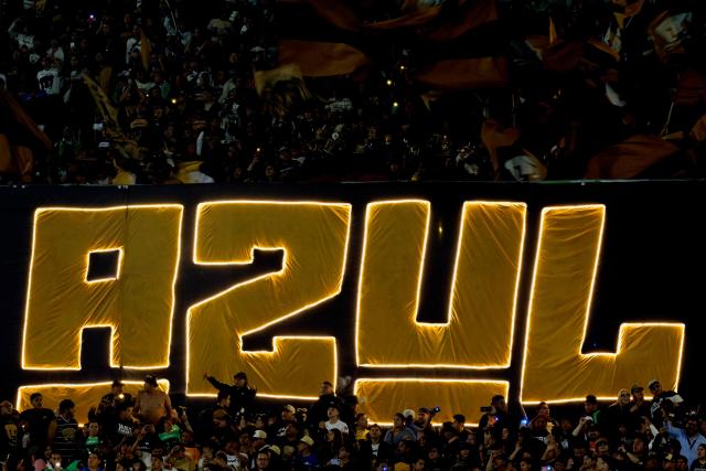 Fans of Cruz Azul cheer for their team ahead of the Liga MX Clausura match between Pumas and Cruz Azul at the Olimpico Universitario Stadium in Mexico City on March 14, 2026. (Photo by Alfredo ESTRELLA / AFP)
