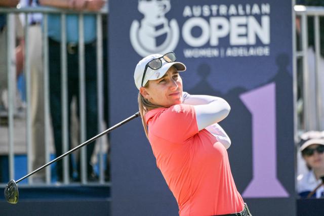 Argentina's Magdalena Simmermacher tees off during the final round of the Women's Australian Open Golf Championship in Adelaide on March 15, 2026. (Photo by Brenton Edwards / AFP)