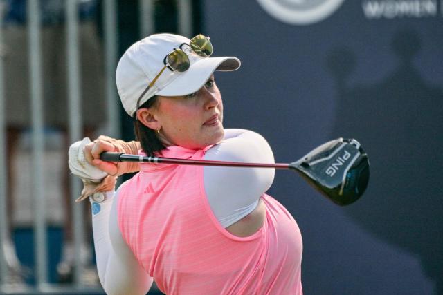 Australia's Karis Davidson tees off during the final round of the Women's Australian Open Golf Championship in Adelaide on March 15, 2026. (Photo by Brenton Edwards / AFP)