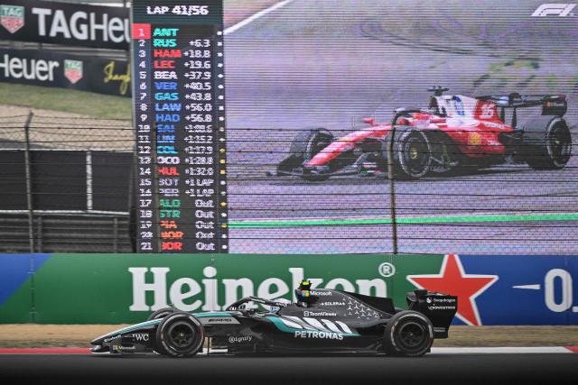 Mercedes' Italian driver Kimi Antonelli drives during the Formula One Chinese Grand Prix at the Shanghai International Circuit in Shanghai on March 15, 2026. (Photo by HECTOR RETAMAL / AFP)
