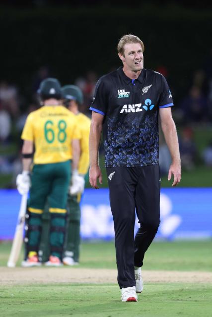 New Zealand's Kyle Jamieson looks on during the first Twenty20 international cricket match between New Zealand and South Africa played at Bay Oval in Mount Maunganui on March 15, 2026. (Photo by Michael Bradley / AFP)
