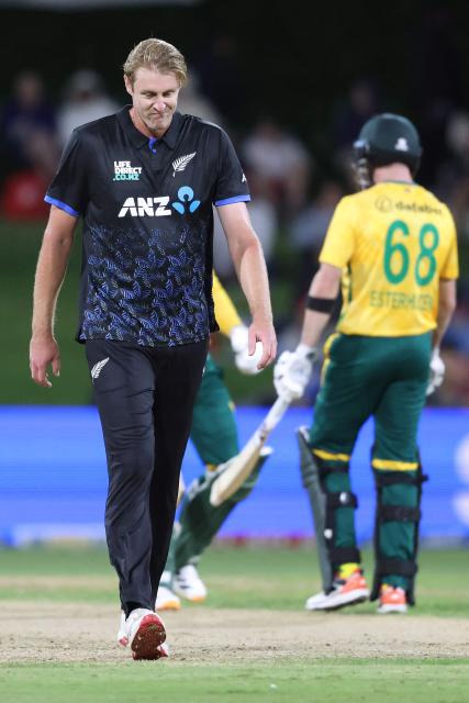 New Zealand's Kyle Jamieson looks on during the first Twenty20 international cricket match between New Zealand and South Africa played at Bay Oval in Mount Maunganui on March 15, 2026. (Photo by Michael Bradley / AFP)
