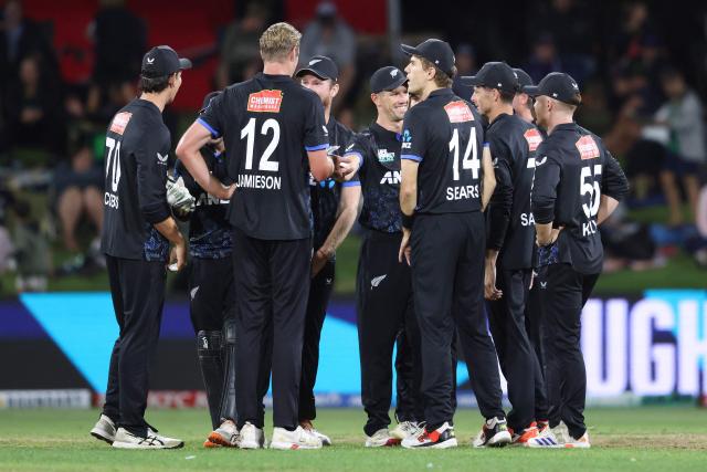 New Zealand celebrate the wicket of South Africa’s Rubin Hermann during the first Twenty20 international cricket match between New Zealand and South Africa played at Bay Oval in Mount Maunganui on March 15, 2026. (Photo by Michael Bradley / AFP)
