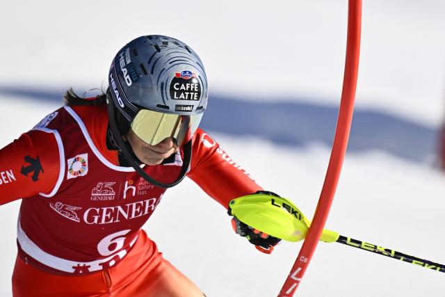 Switzerland's Wendy Holdener competes in the first run of the Women's Slalom race during the FIS Ski World Cup event in Are, Sweden, on March 15, 2026. (Photo by Pontus LUNDAHL / TT News Agency / AFP) / Sweden OUT