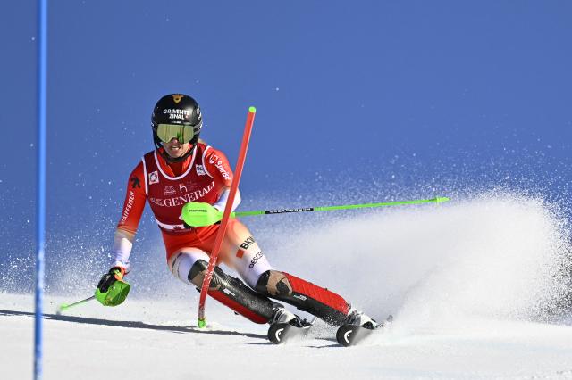 Switzerland's Camille Rast competes in the first run of the Women's Slalom race during the FIS Ski World Cup event in Are, Sweden, on March 15, 2026. (Photo by Pontus LUNDAHL / TT News Agency / AFP) / Sweden OUT