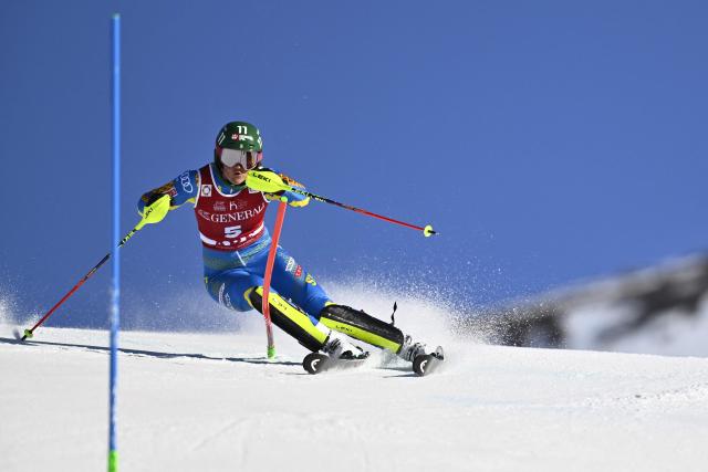 Sweden's Anna Swenn-larsson competes in the first run of the Women's Slalom race during the FIS Ski World Cup event in Are, Sweden, on March 15, 2026. (Photo by Pontus LUNDAHL / TT News Agency / AFP) / Sweden OUT