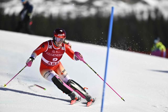Switzerland's Melanie Meillard competes in the first run of the Women's Slalom race during the FIS Ski World Cup event in Are, Sweden, on March 15, 2026. (Photo by Pontus LUNDAHL / TT News Agency / AFP) / Sweden OUT