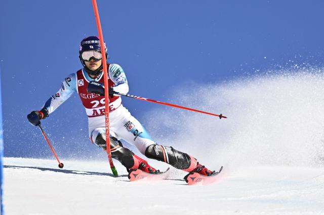 Japan's Asa Ando competes in the first run of the Women's Slalom race during the FIS Ski World Cup event in Are, Sweden, on March 15, 2026. (Photo by Pontus LUNDAHL / TT News Agency / AFP) / Sweden OUT