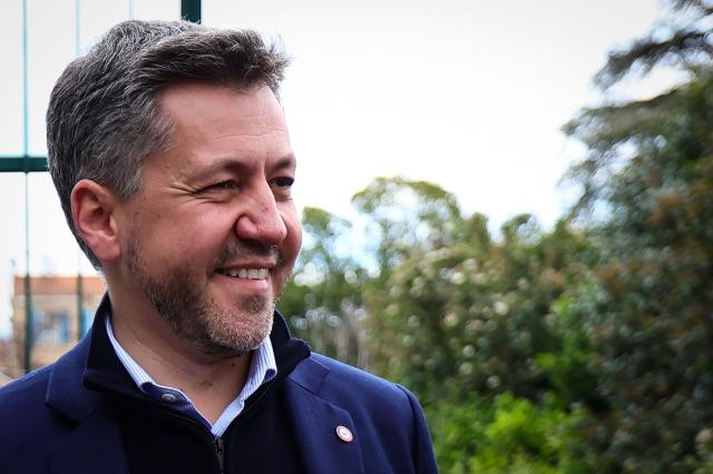 Marseille's far-right Rassemblement National (RN) party member of Parliament and mayoral candidate Franck Allisio reacts as he leaves the polling station after casting his ballot during the first round of France's 2026 municipal elections in Marseille, southern France, on March 15, 2026. (Photo by Clement MAHOUDEAU / AFP)