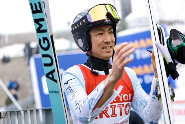 Japan's Akito Watabe is pictured during first run of jumping in the Men's Individual Gundersen Large Hill HS134 at the FIS Nordic Combined World Cup in Holmenkollen, Oslo, Norway on March 15, 2026. (Photo by Christoffer Andersen / NTB / AFP) / Norway OUT