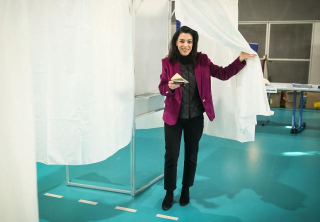 Left-wing La France Insoumise (LFI) mayoral candidate in Paris, Sophia Chikirou exits a polling booth prior to cast her ballot during the first round of France's 2026 municipal elections in Paris on March 15, 2026. (Photo by Thomas Padilla / AFP)