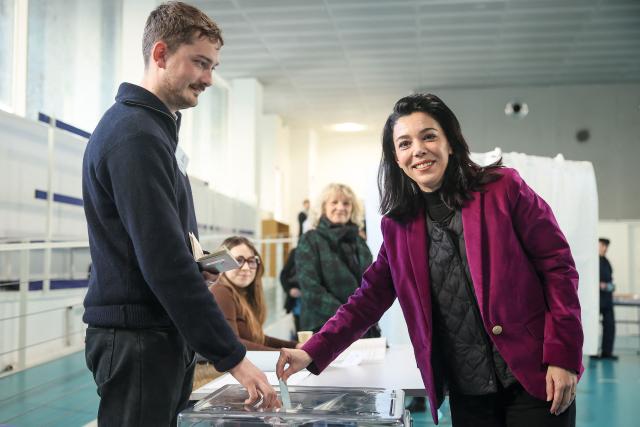 Left-wing La France Insoumise (LFI) mayoral candidate in paris, Sophia Chikirou casts her ballot during the first round of France's 2026 municipal elections in Paris on March 15, 2026. (Photo by Thomas Padilla / AFP)