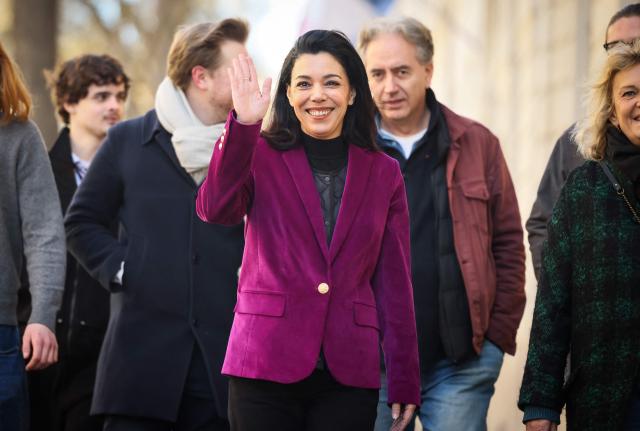 Left-wing La France Insoumise (LFI) mayoral candidate in Paris, Sophia Chikirou waves as she arrives to cast her vote during the first round of France's 2026 municipal elections in Paris on March 15, 2026. (Photo by Thomas Padilla / POOL / AFP)