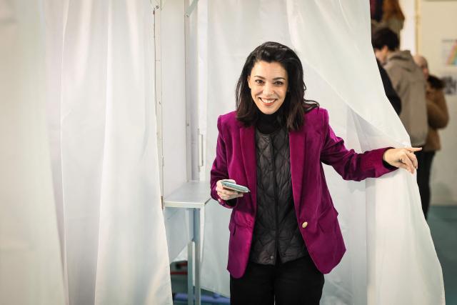 Left-wing La France Insoumise (LFI) mayoral candidate in Paris, Sophia Chikirou exits a polling booth prior to cast her ballot during the first round of France's 2026 municipal elections in Paris on March 15, 2026. (Photo by Thomas Padilla / AFP)