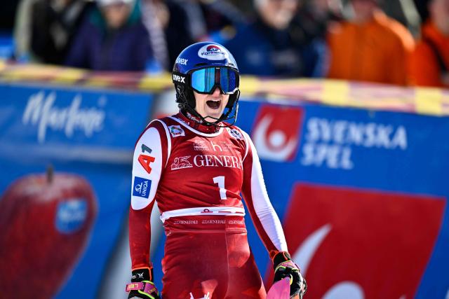 Austria's Katharina Truppe reacts after competing in the second run of the Women's Slalom race during the FIS Ski World Cup event in Are, Sweden, on March 15, 2026. (Photo by Pontus LUNDAHL / TT News Agency / AFP) / Sweden OUT
