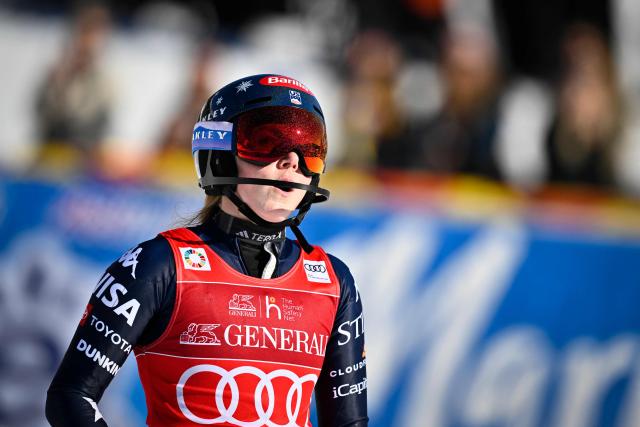 US' Mikaela Shiffrin reacts after competing in the second run of the Women's Slalom race during the FIS Ski World Cup event in Are, Sweden, on March 15, 2026. (Photo by Pontus LUNDAHL / TT News Agency / AFP) / Sweden OUT