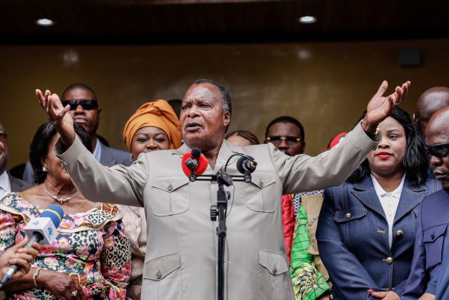 Incumbent President of the Republic of Congo and presidential candidate Denis Sassou Nguesso reacts during a press briefing after casting his ballot at a polling station in Brazzaville on March 15, 2026 during the Republic of Congo's presidential elections. (Photo by Daniel BELOUMOU OLOMO / AFP)