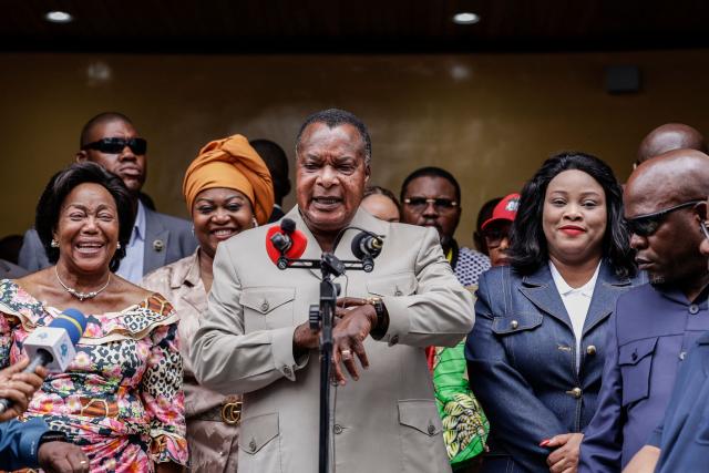 Incumbent President of the Republic of Congo and presidential candidate Denis Sassou Nguesso reacts during a press briefing after casting his ballot at a polling station in Brazzaville on March 15, 2026 during the Republic of Congo's presidential elections. (Photo by Daniel BELOUMOU OLOMO / AFP)