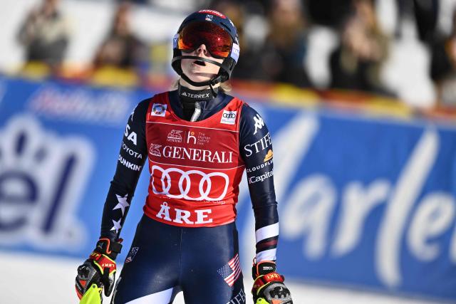 US' Mikaela Shiffrin reacts after competing in the second run of the Women's Slalom race during the FIS Ski World Cup event in Are, Sweden, on March 15, 2026. (Photo by Pontus LUNDAHL / TT News Agency / AFP) / Sweden OUT