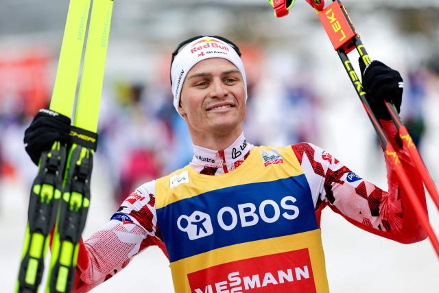 First-placed Austria's Johannes Lamparter celebrates after winning the Men's cross-country race at the FIS Nordic Combined World Cup in Holmenkollen, Oslo, Norway on March 15, 2026. (Photo by Christoffer Andersen / NTB / AFP) / Norway OUT