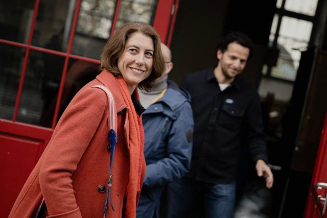Green Party and left-wing alliance mayoral candidate for Grenoble Laurence Ruffin (L) leaves a polling station after voting during the first round of France's 2026 municipal elections in Grenoble, southeastern France, on March 15, 2026. (Photo by Maxime GRUSS / AFP)