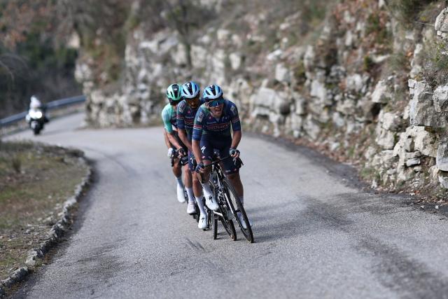 Soudal Quick-Step's Belgian rider Fabio Van Den Bossche (R) and Soudal Quick-Step's French rider Valentin Paret-Peintre (C) lead a breakaway during the 8th and final stage of the Paris-Nice cycling race, 129.2 km between Nice and Nice, on March 15, 2026. (Photo by Anne-Christine POUJOULAT / AFP)