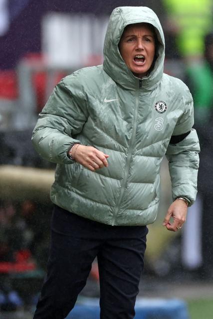 Chelsea's French manager Sonia Bompastor gestures on the touchline during the English Women's League Cup final football match between Chelsea and Manchester United at Ashton Gate stadium in Bristol, south-west England on March 15, 2026. (Photo by Adrian Dennis / AFP)