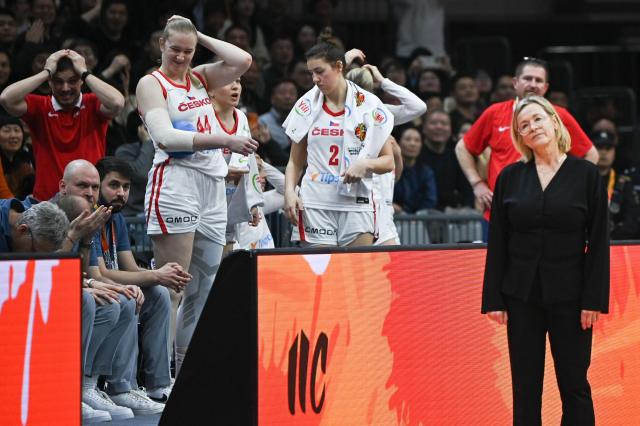 Czech Republic's team reacts during the FIBA Women's Basketball World Cup 2026 qualifying tournament game between China and Czech Republic in Wuhan, in China's central Hubei province, on March 15, 2026. (Photo by CN-STR / AFP) / China OUT