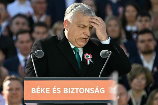 Hungarian Prime Minister Viktor Orban makes a speech in front of the Parliament building during a campaign rally organised by Hungary's ruling Fidesz party in Budapest, Hungary on March 15, 2026, on the 178th anniversary of the Hungarian Revolution and War of Independence of 1848-1849. The 1848-1849 revolution in the Kingdom of Hungary grew into a war for independence from the Austrian Empire, ruled by the Habsburg dynasty. (Photo by Attila KISBENEDEK / AFP)