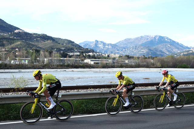 (From L) Team Visma - Lease a Bike's French rider Bruno Armirail, Team Visma - Lease a Bike's Belgian rider Victor Campenaerts and Team Visma - Lease a Bike's Danish rider Jonas Vingegaard lead the pack during the 8th and final stage of the Paris-Nice cycling race, 129.2 km between Nice and Nice, on March 15, 2026. (Photo by Anne-Christine POUJOULAT / AFP)