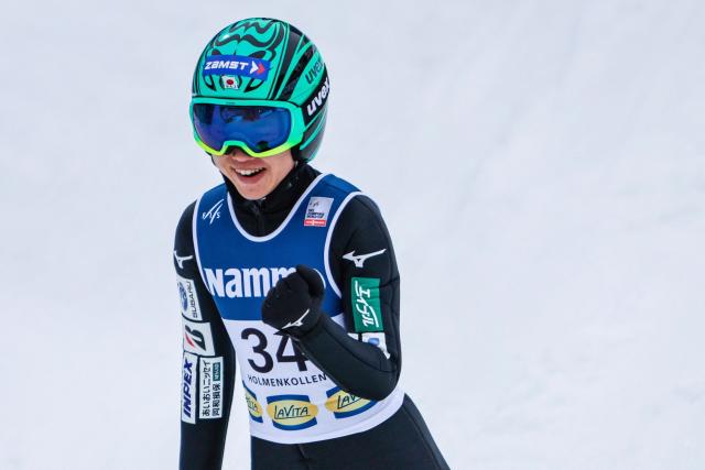 Winner Japan's Yuki Ito reacts during the Women Individual Large Hill at the FIS Jumping World Cup in Holmenkollen, Oslo, Norway on March 15, 2026. (Photo by Terje Pedersen / NTB / AFP) / Norway OUT