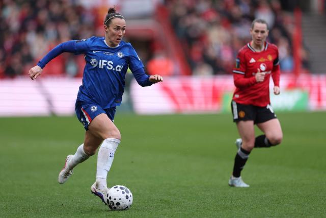 Chelsea's English defender #22 Lucy Bronze runs with the ball during the English Women's League Cup final football match between Chelsea and Manchester United at Ashton Gate stadium in Bristol, south-west England on March 15, 2026. (Photo by Adrian Dennis / AFP)