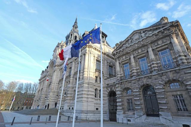 This photograph shows Roubaix town hall during the first round of France's 2026 municipal elections in Roubaix, northern France, on March 15, 2026. (Photo by Francois LO PRESTI / AFP)