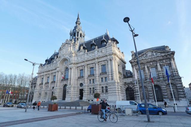 This photograph shows Roubaix town hall during the first round of France's 2026 municipal elections in Roubaix, northern France, on March 15, 2026. (Photo by Francois LO PRESTI / AFP)